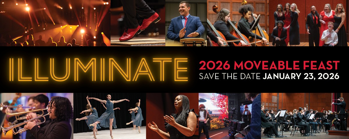 A "save the date" graphic for CCM's Moveable Feast Gala Fundraiser on Jan. 23, 2026. The theme of this year's event is "ILLUMINATE," and the decorative graphic features photos of various performances from last year's event.