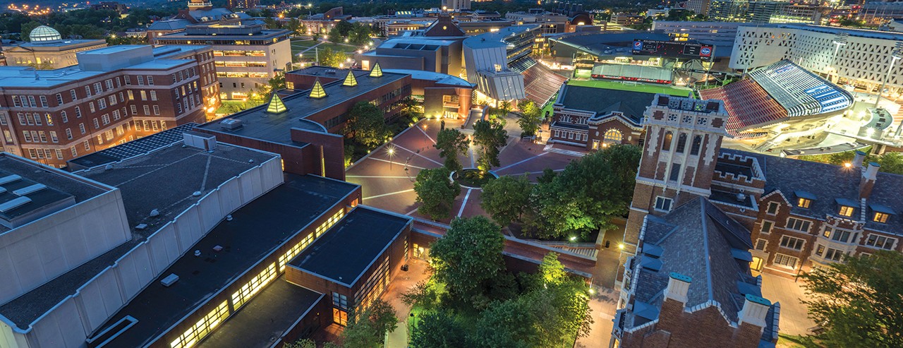 CCM Village aerial at dusk