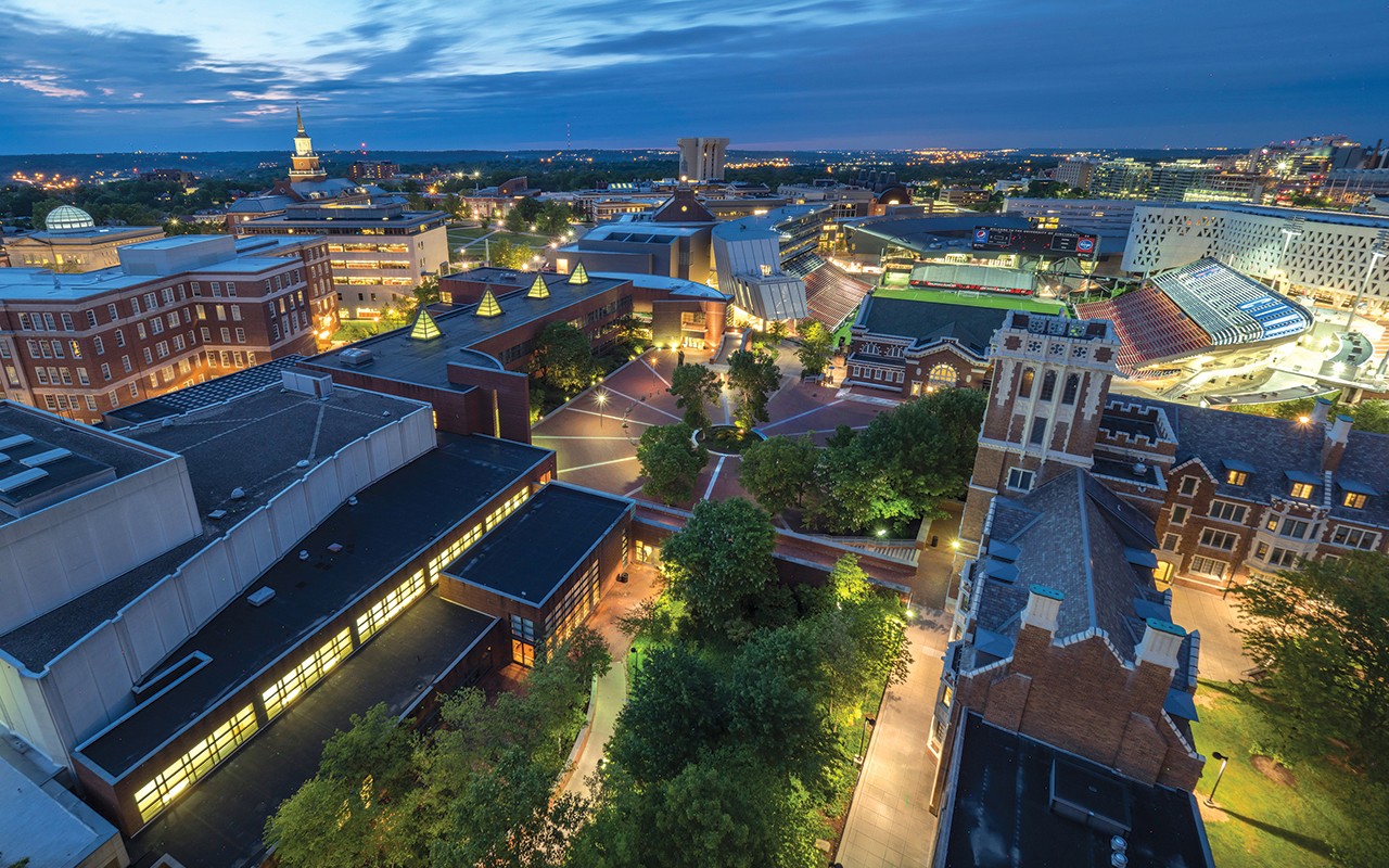An aerial view of the CCM campus in the evening.