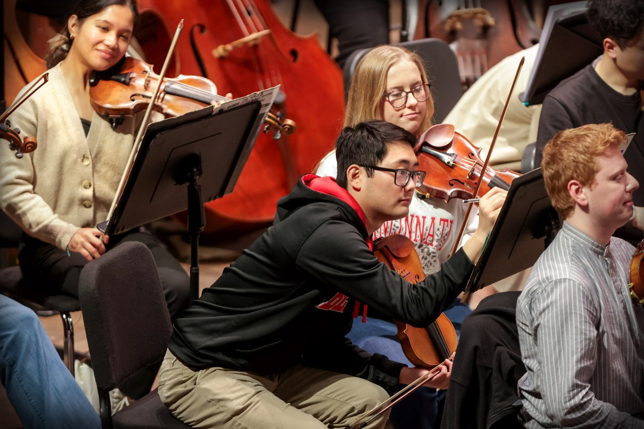 CCM Philharmonia students rehearse on the Corbett Auditorium stage