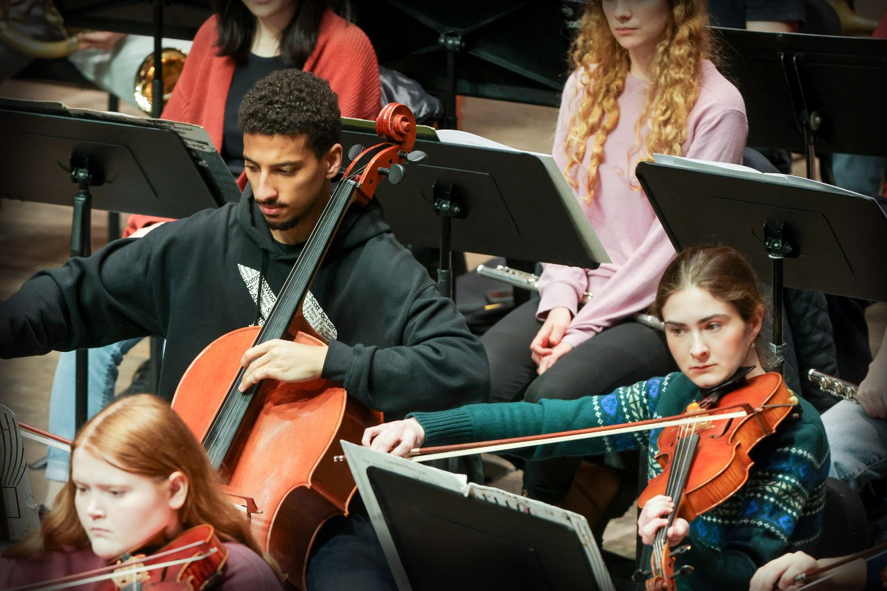 CCM Philharmonia students rehearse on the Corbett Auditorium stage.