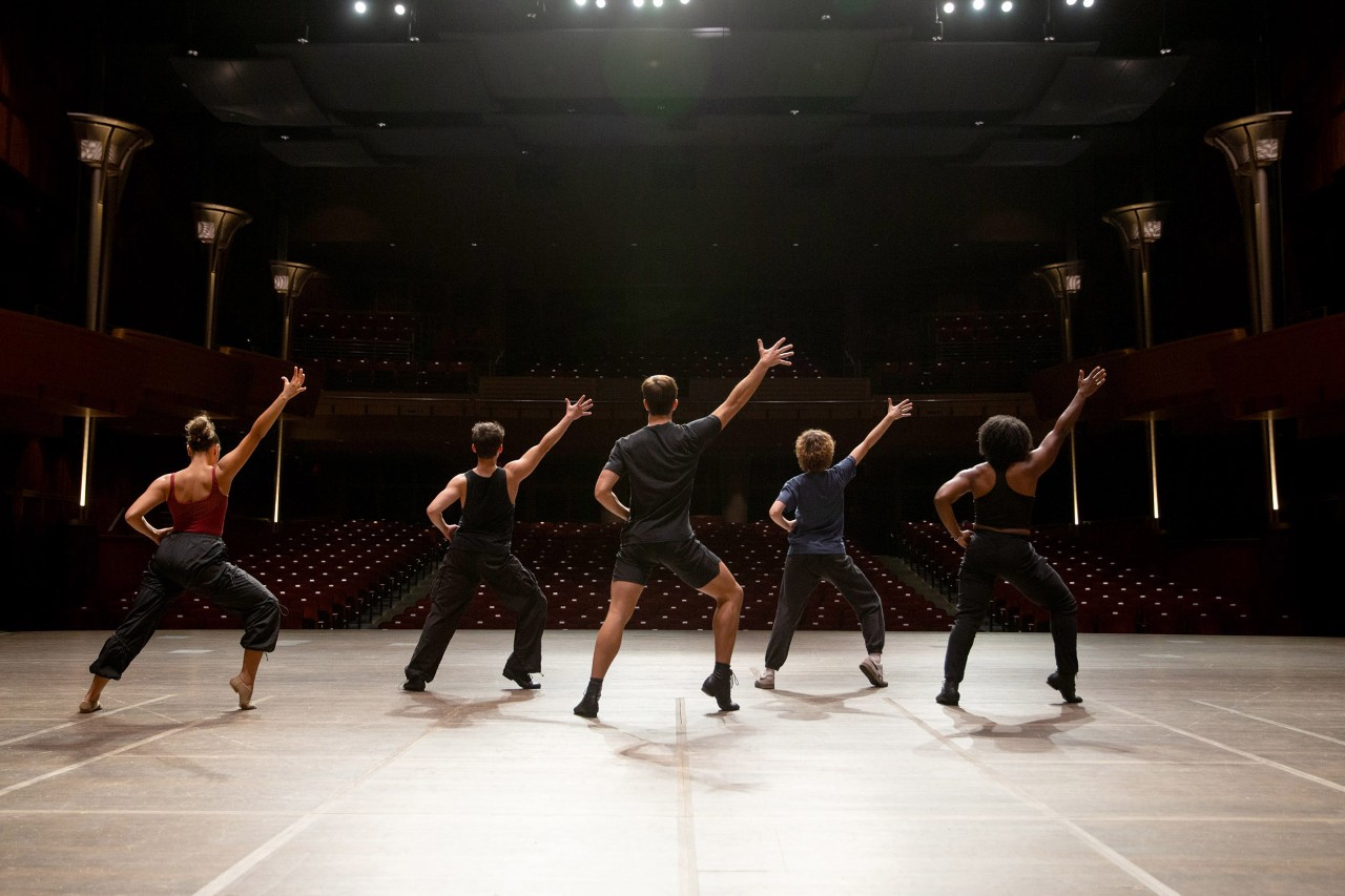 CCM Musical Theatre students reherse a dance on the Corbett Auditorium stage.