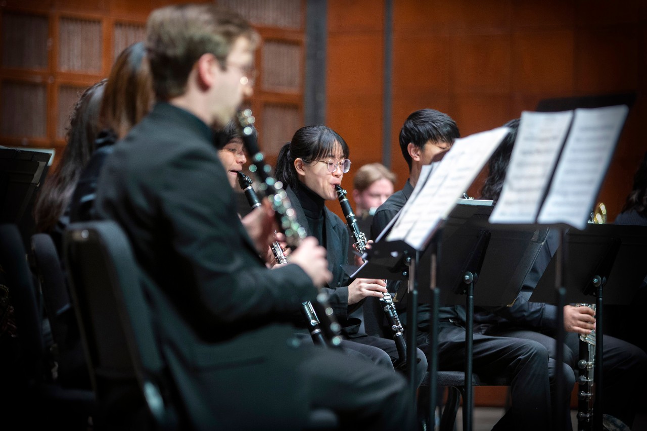 CCM Wind Symphony students perform on the Corbett Auditorium stage.