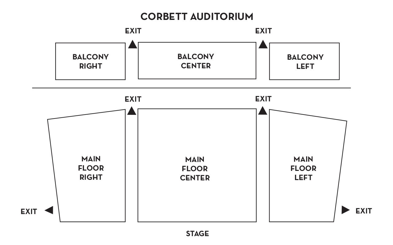 Corbett Auditorium emergency exits are located at the back left and right of the balcony level, the back left and right of the main floor level, and at the left and right at the front of the stage.